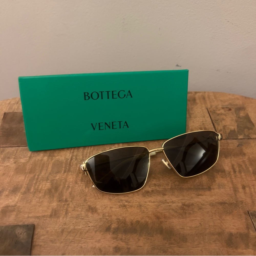 Bottega Veneta Gold Frame Sunglasses with Dark Brown Lenses and Teal Case